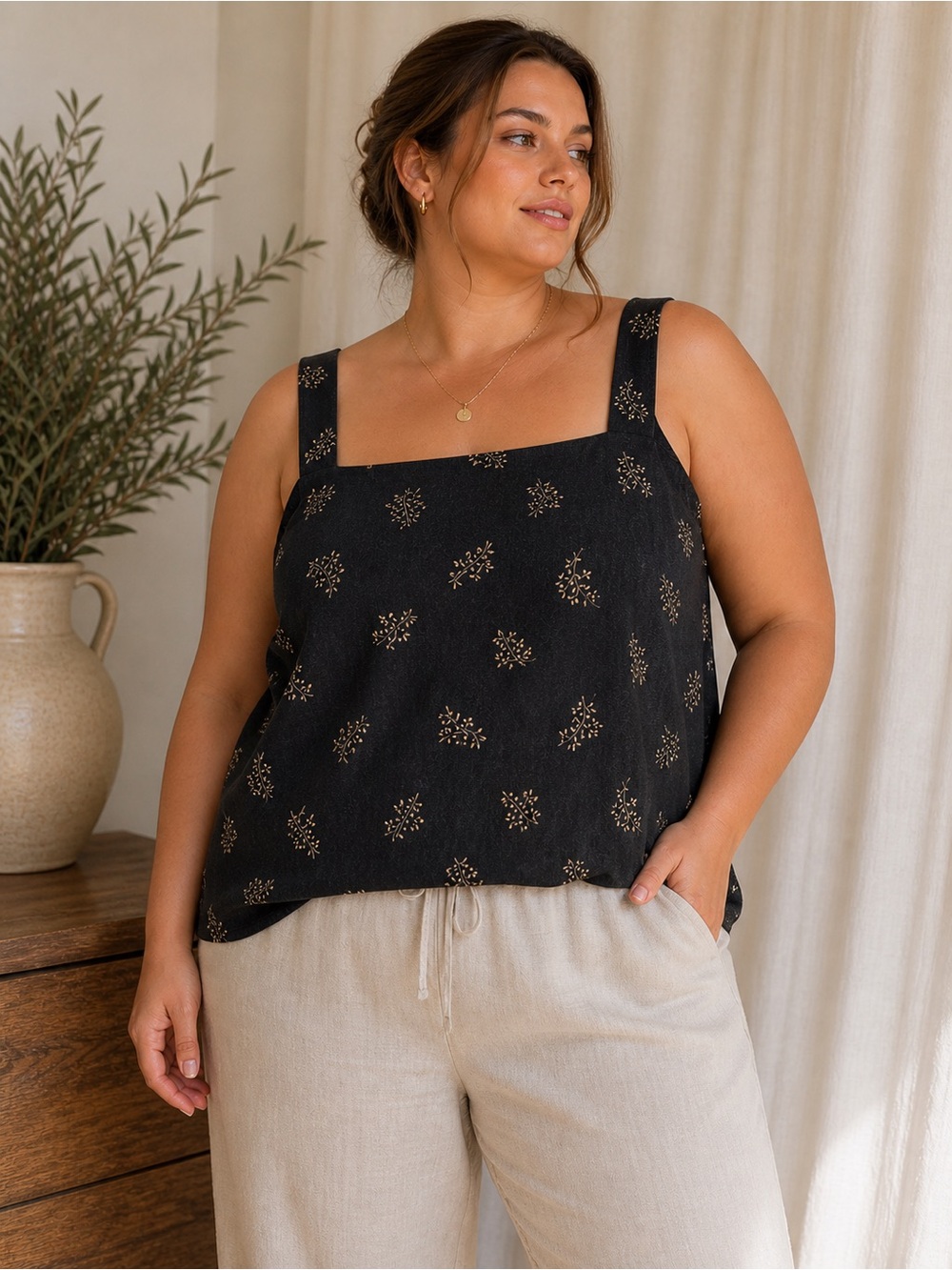 Carole Little Floral Camisole Top XL Gray Minimal Vintage 90s Cottagecore Soft